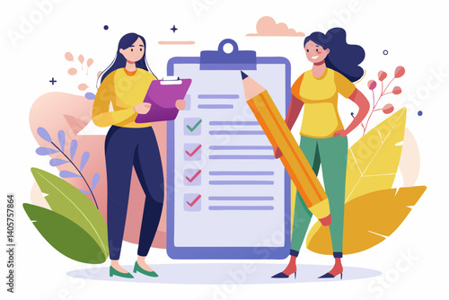 Two women standing near a checklist with a pencil reviewing tasks and confirming completion of work 100