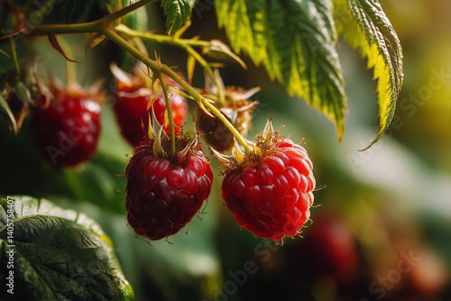 Obraz na płótnie Ripe Raspberries Growing on Bushes in a Sunny Garden During Late Summer w salonie
