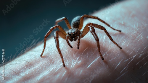 Human skin with a brown spider moving, spider bite.