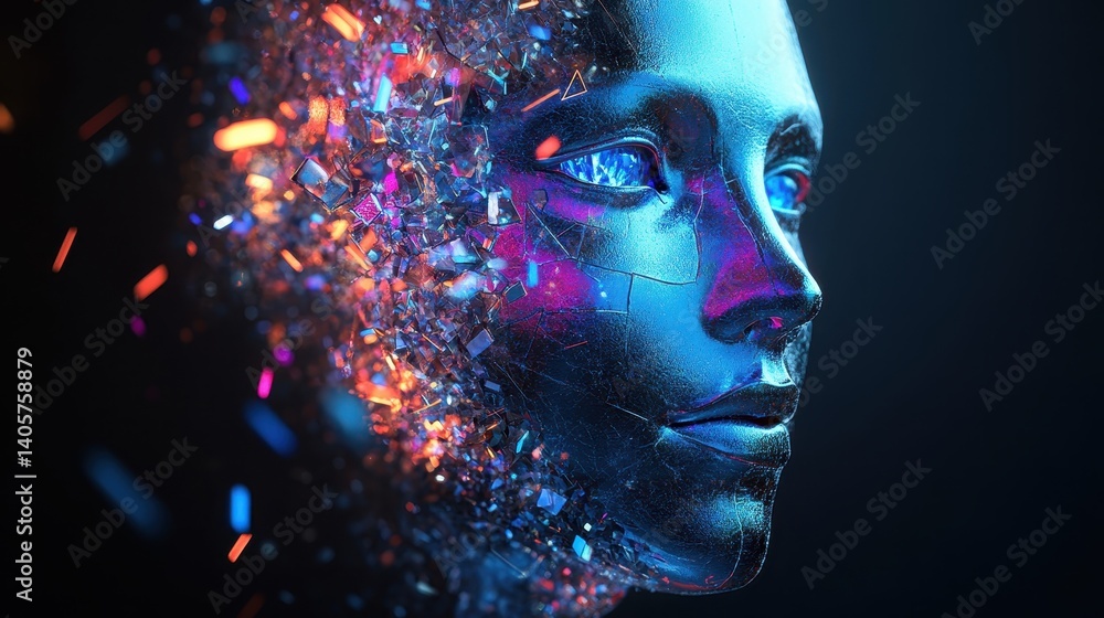 Fototapeta premium Abstract Human Face Made of Floating Glass Fragments