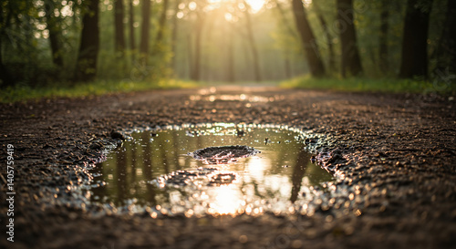 Rain boot tracks reflected in a puddle on a forest path, illuminated by soft morning sunlight, tranquil nature scene, copy space