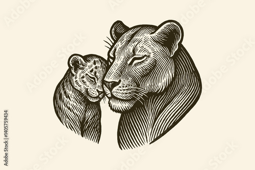 Engraved lioness and cub —  design symbolizing motherhood