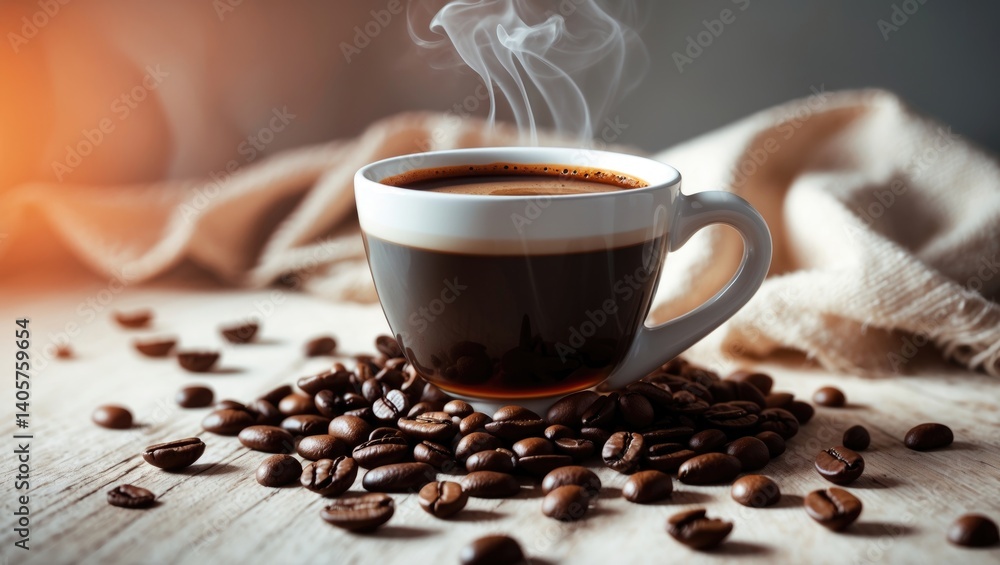 Fototapeta premium Coffee cup alongside coffee beans on a tabletop