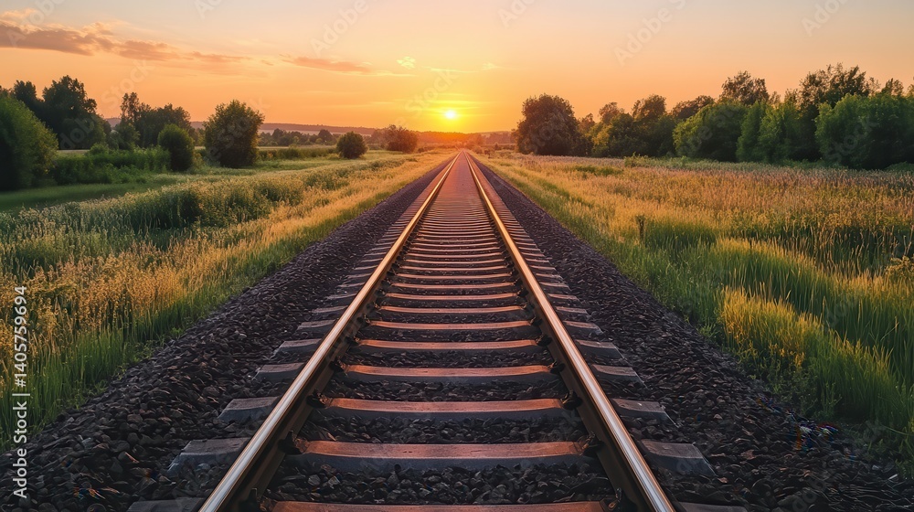 Fototapeta premium Sunset Railroad Tracks Journey, Rural Landscape