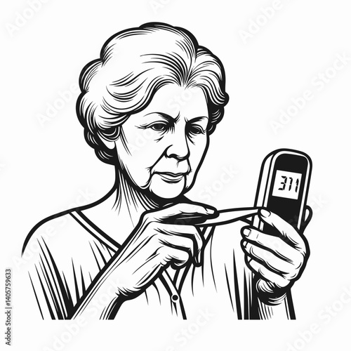 Elderly woman measuring temperature, assessing health, in a sketch style  