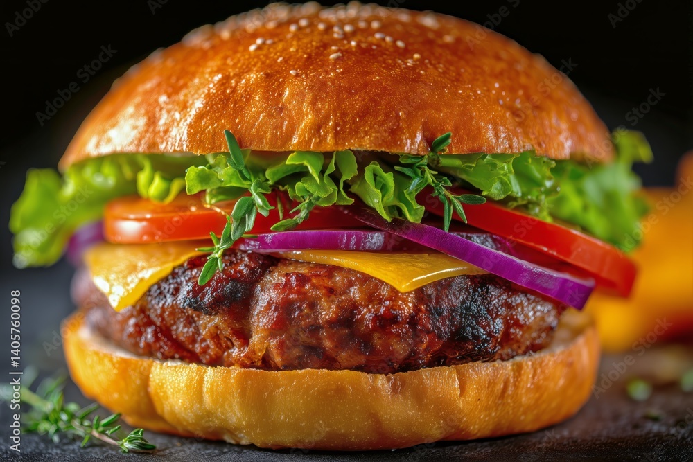 Juicy Cheeseburger With Fresh Toppings on a Sesame Seed Bun Served at a Summer Barbecue Gathering