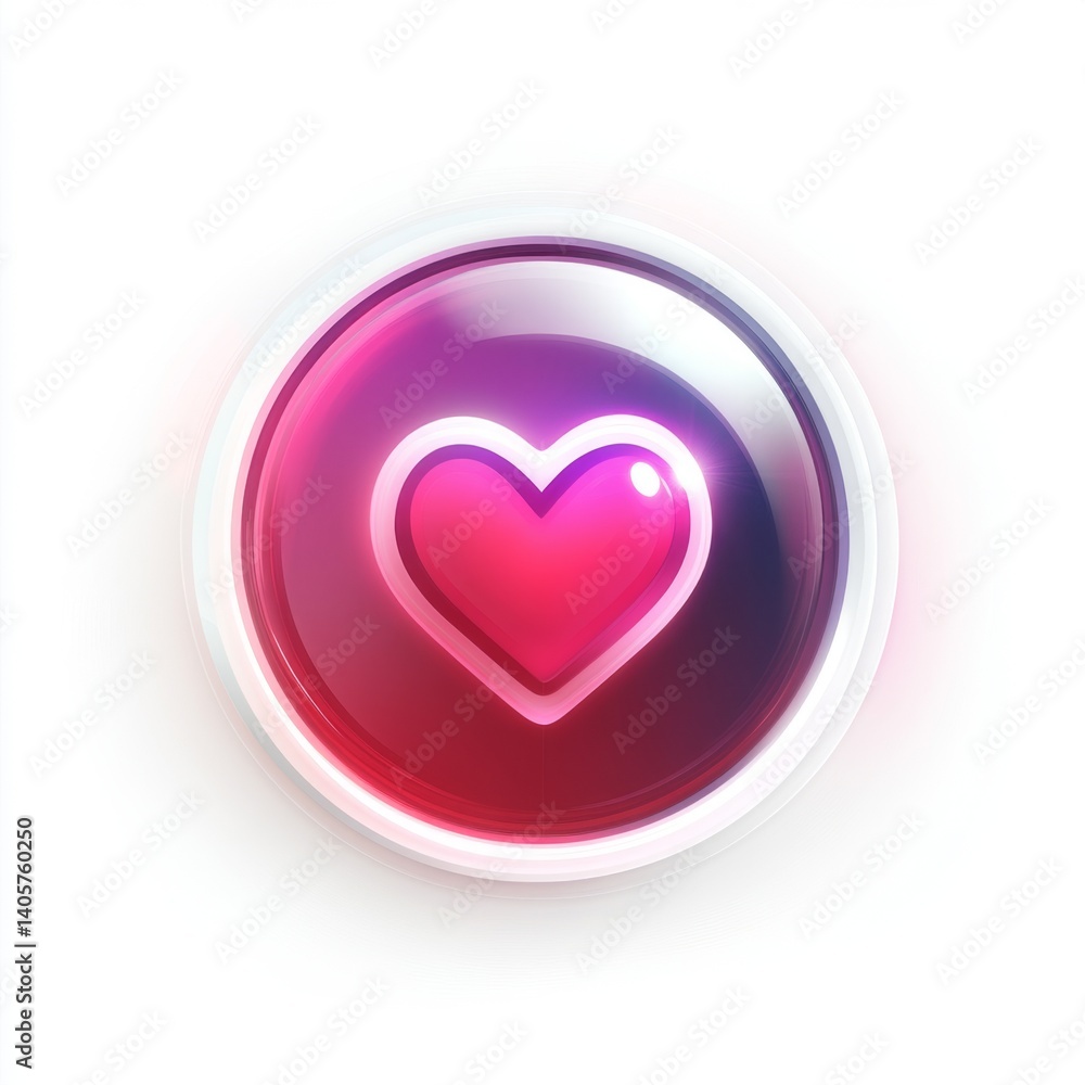 A glowing, vibrant heart icon, set within a glossy, round button. Features a soft, translucent, gradient background A glowing, vibrant heart icon, set within a glossy, round button. Features a soft, translucent, gradient background