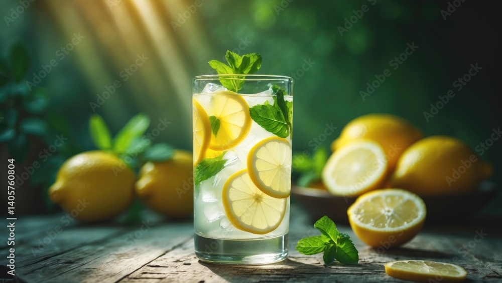 Fototapeta premium Refreshing freshly prepared lemonade in a glass on wooden tabletop, close-up
