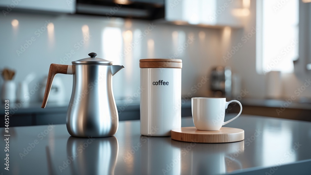 Preparing breakfast coffee in a metal pot on the cooktop, featuring a labeled white jar of coffee and a mug in a sleek kitchen Preparing breakfast coffee in a metal pot on the cooktop, featuring a labeled white jar of coffee and a mug in a sleek kitchen