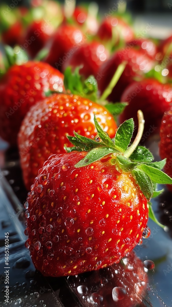 Fresh Red Strawberries Arranged With Droplets of Water on Their Surface in a Vibrant Display