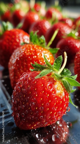Obraz na płótnie Fresh Red Strawberries Arranged With Droplets of Water on Their Surface in a Vibrant Display w salonie