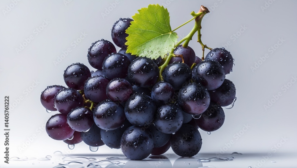 Fototapeta premium Isolated blue grapes with grape leaf and droplets on background.