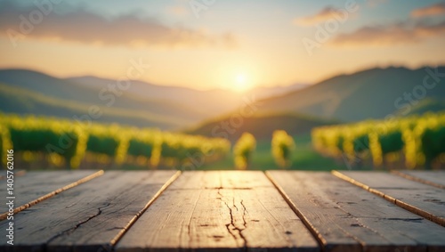 Empty wooden table overlooking nature with bokeh backdrop, space for your text