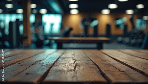 Wallpaper Mural Unoccupied wooden desk against a blurry fitness center background. Torontodigital.ca