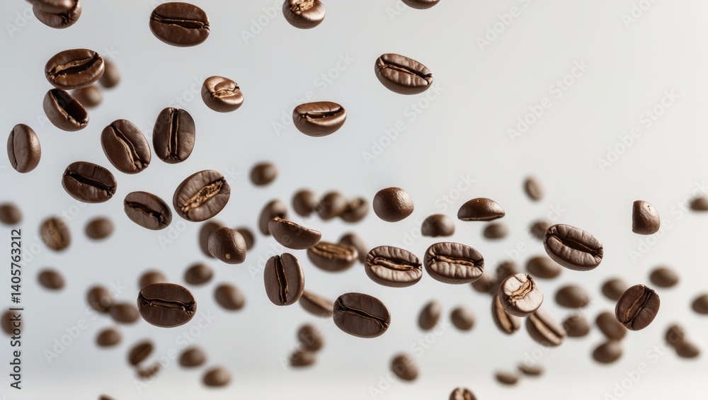 Obraz premium Background of flying coffee beans. Black espresso grains descending. Rustic coffee beans cascading on the backdrop. Symbolizing breakfast, energy, freshness, or delightful aroma concept.