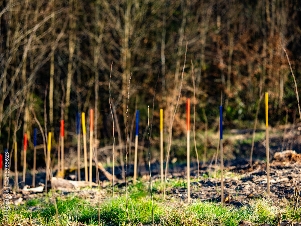 Wiederaufforstung im Frühjahr mit bunten Markierungsstöcken Wiederaufforstung im Frühjahr mit bunten Markierungsstöcken