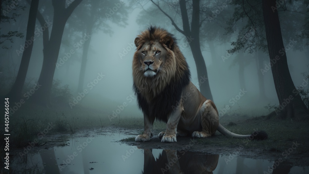 Naklejka premium magical lion in a foggy woods