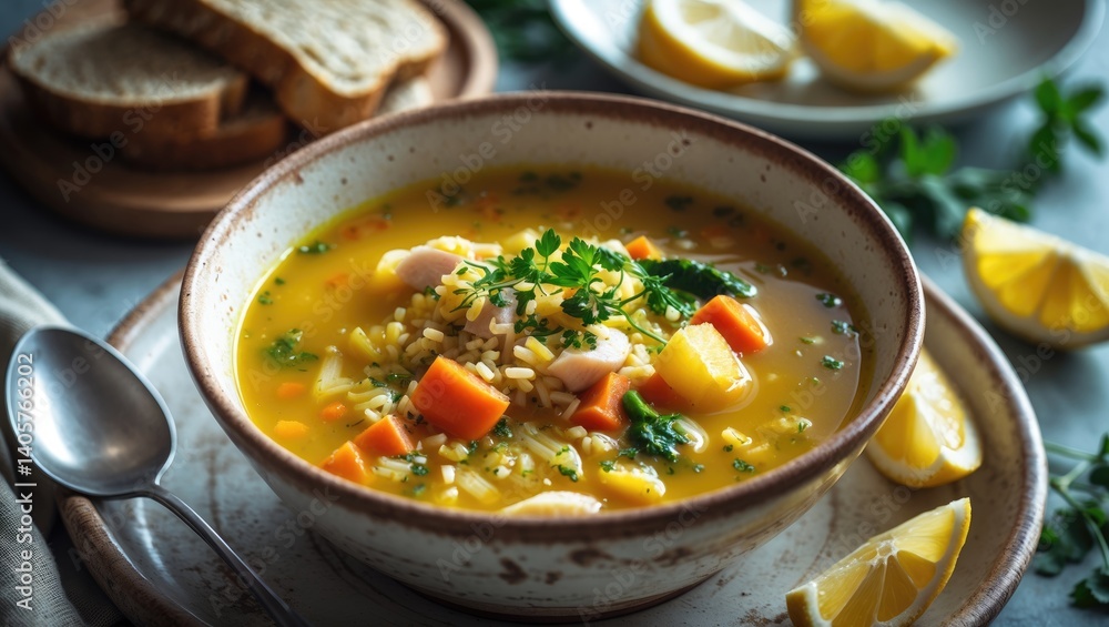Vegetable and rice fish soup in a white bowl. Vegetable and rice fish soup in a white bowl.