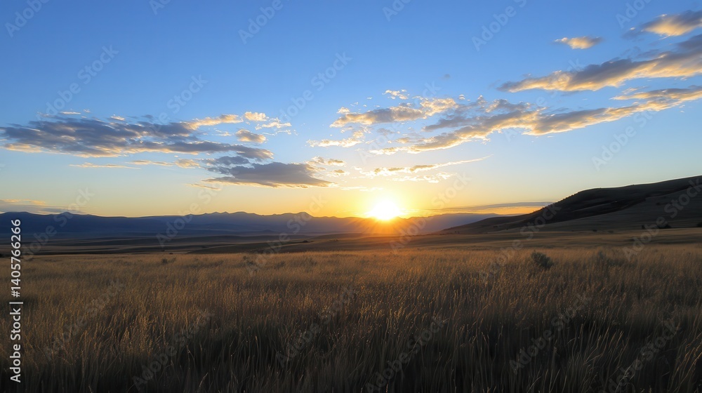 Fototapeta premium Sunset over golden prairie, mountains