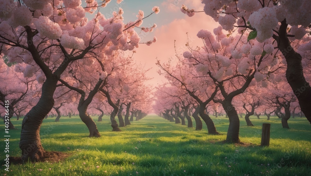 Springtime apple orchard under a blue sky. Retro filter applied. Beautiful scenery. Springtime apple orchard under a blue sky. Retro filter applied. Beautiful scenery.