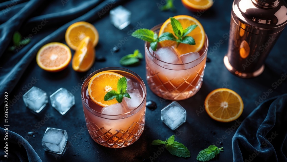Cocktails and bar equipment arranged flat lay with chilled drinks in glasses and fresh orange slices for garnishes on a dark backdrop Cocktails and bar equipment arranged flat lay with chilled drinks in glasses and fresh orange slices for garnishes on a dark backdrop