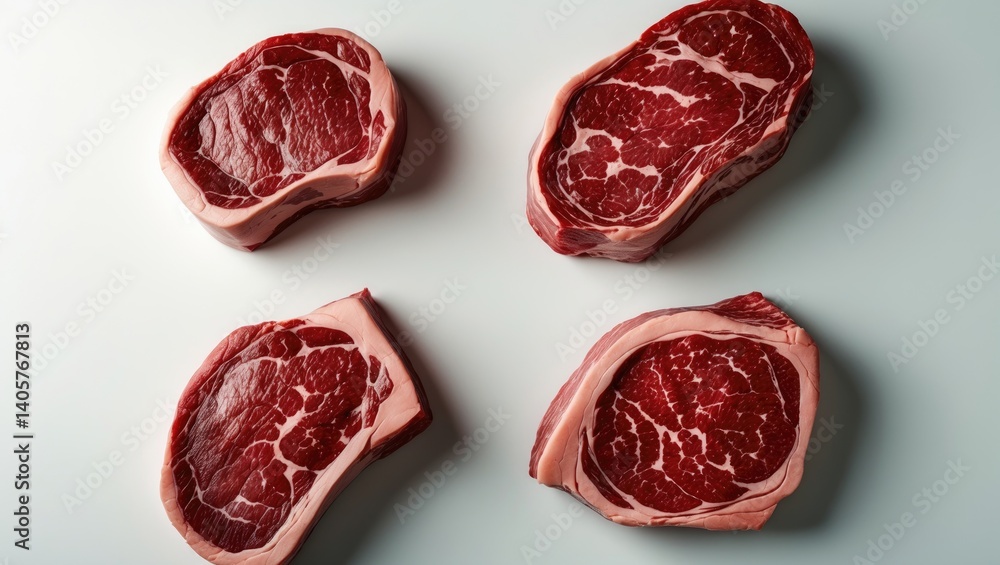 Obraz premium Artistic flat lay featuring various beef steak selections on a white backdrop with empty space.