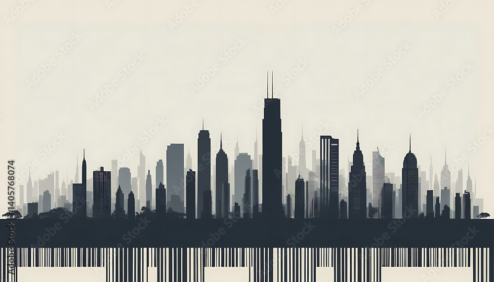 Fototapeta premium Cityscape Silhouette over Barcode Pattern, Urban Density Concept.