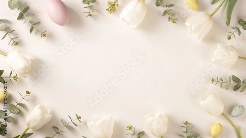 Flat Lay of Easter Eggs, White Tulips, and Green Foliage on Light Background