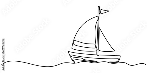 Continuous one single minimal line drawing sailing, Sailboat continuous one line icon drawing on white background, Sea boat vector illustration in doodle style, one line drawing outline vector art.