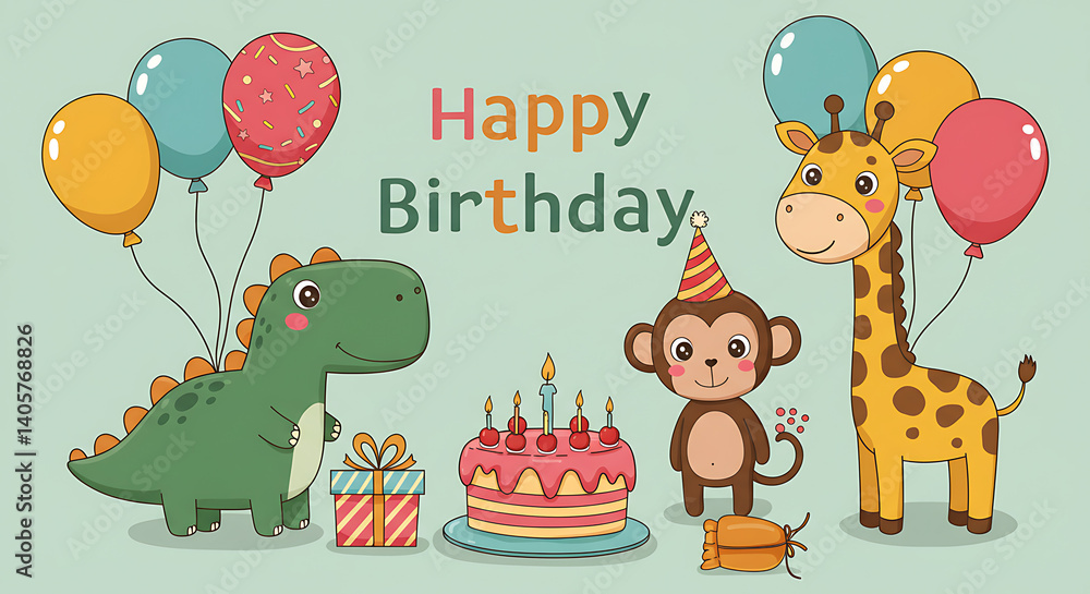 Cute Dino & Monkey Birthday Celebration AI Generated Cute Dino & Monkey Birthday Celebration AI Generated