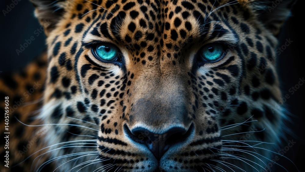 Intense stare of blue-green eyes from a majestic leopard in the shadows, full face portrait of a strong creature Intense stare of blue-green eyes from a majestic leopard in the shadows, full face portrait of a strong creature