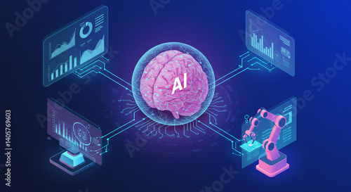 The AI brain, a central hub of data analysis and robotic automation, pulsates with information and innovative potential, showcasing a vibrant futuristic technology landscape with glowing circuitry.