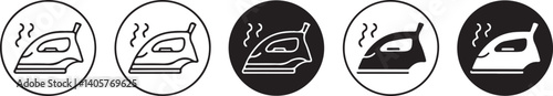   Steam Iron Appliance Icons – Household Clothing Iron Symbols in Monochrome Circle Variants with Heat and Vapor Details
