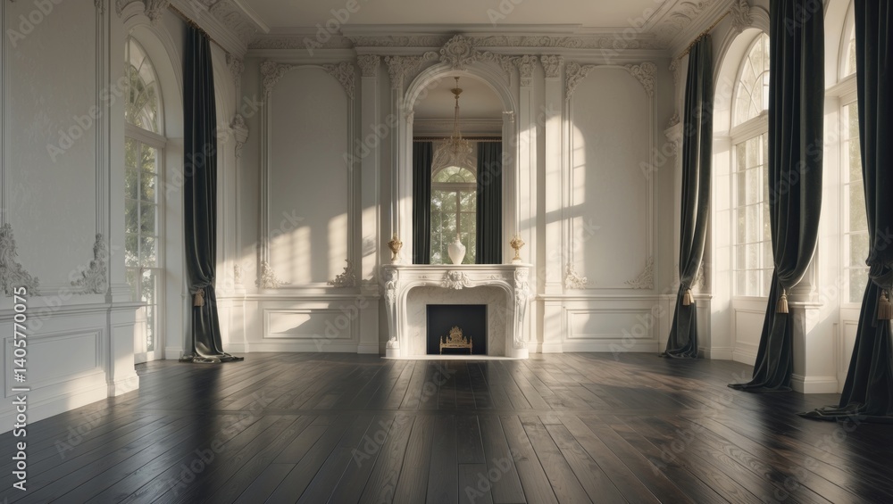 Empty bright room in white with stucco and a fireplace Empty bright room in white with stucco and a fireplace