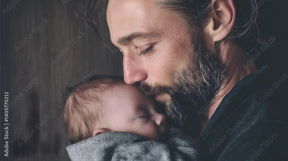 Heartwarming Moment of a Bearded Middle-Aged Man Holding a Sleeping Baby in a Close-Up Portrait Heartwarming Moment of a Bearded Middle-Aged Man Holding a Sleeping Baby in a Close-Up Portrait
