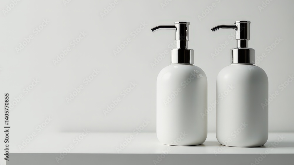Minimalist white liquid soap dispensers on shelf in modern bathroom interior. Minimalist white liquid soap dispensers on shelf in modern bathroom interior.
