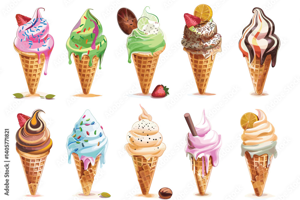 Desserts, sweet eating set. Yummy street food, confectionery snacks. Cone waffle with filling, icecream balls in cup, ice-cream in cone. Flat vector illustrations isolated on white background Desserts, sweet eating set. Yummy street food, confectionery snacks. Cone waffle with filling, icecream balls in cup, ice-cream in cone. Flat vector illustrations isolated on white background