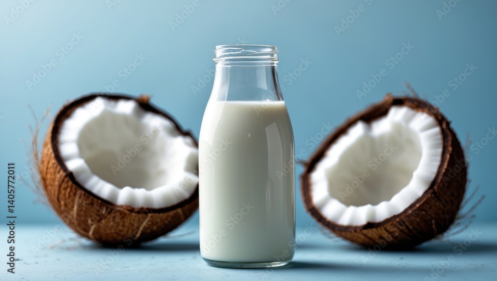 Coconut Milk in a Glass Bottle with Coconut Halves, Close-Up Coconut Milk in a Glass Bottle with Coconut Halves, Close-Up