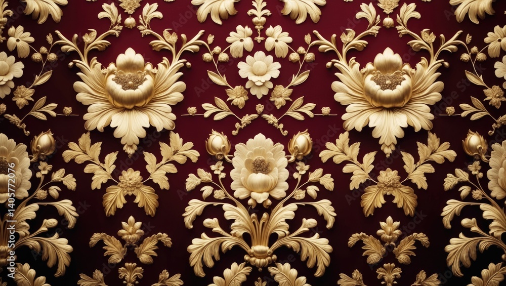 Seamless background featuring a floral pattern in gold and red. Seamless background featuring a floral pattern in gold and red.