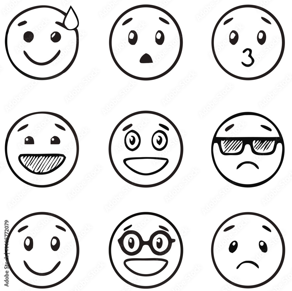 Emoji-style black and white illustration set – simple line-drawn emoticons with happy, sad, surprised, neutral faces and accessories like sunglasses, in grid layout on white background Emoji-style black and white illustration set – simple line-drawn emoticons with happy, sad, surprised, neutral faces and accessories like sunglasses, in grid layout on white background