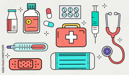 Minimalist line drawings of essential doctor equipment such as stethoscope, syringe, thermometer, bandage, pill bottle, and first aid kit. Ideal for medical health related illustrations.