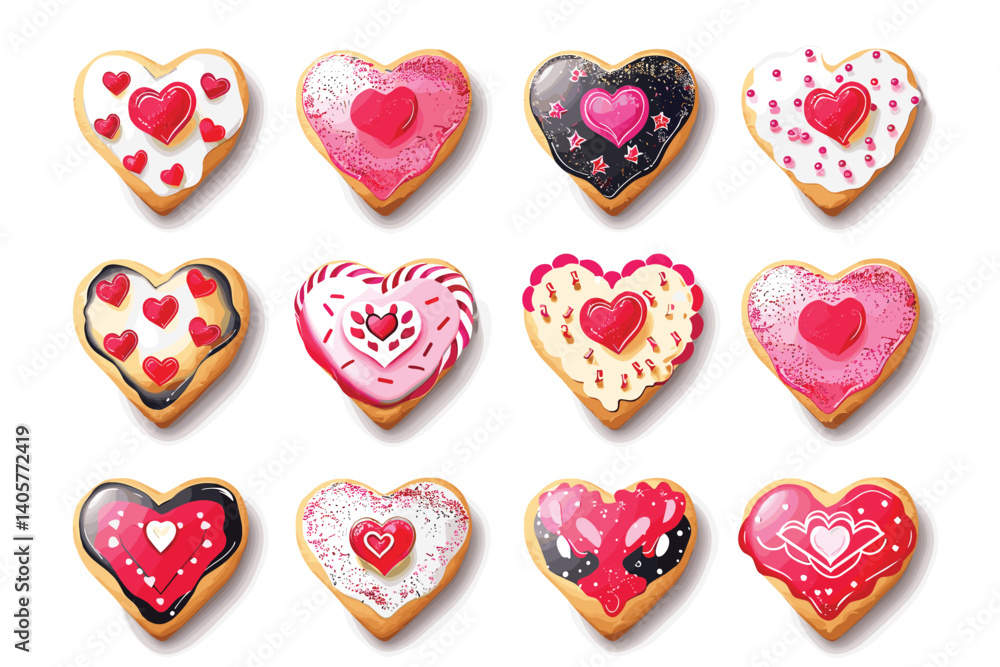 Set of heart shaped sugar cookies with icing. Sweet dessert for Valentine's Day. Set of heart shaped sugar cookies with icing. Sweet dessert for Valentine's Day.