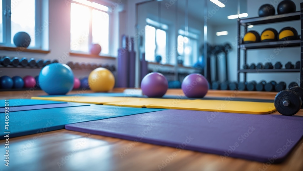 Soft-focus scene of a fitness center equipped with exercise mats, dumbbells, and resistance bands for productive workouts and health advancement in a clean atmosphere