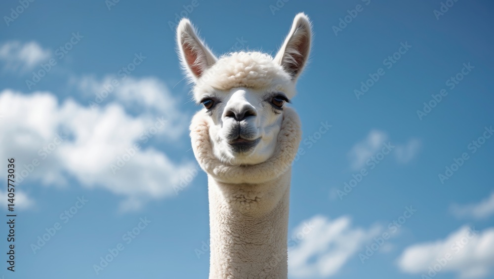 Obraz premium Image of a charming white alpaca with a blue sky behind it.