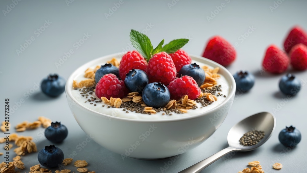 Granola and yogurt bowl featuring fresh blueberries, raspberries, and chia seeds. Healthy food inspiration. Clean eating. Bird's-eye view. Available space. Yummy homemade breakfast, healthy snack, Granola and yogurt bowl featuring fresh blueberries, raspberries, and chia seeds. Healthy food inspiration. Clean eating. Bird's-eye view. Available space. Yummy homemade breakfast, healthy snack,