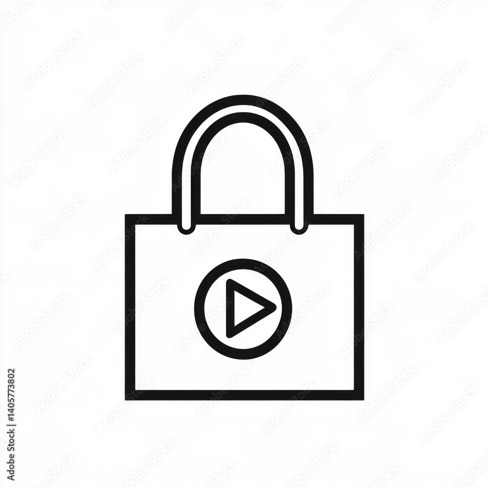 Shopping bag with play button. A simple line art illustration of a shopping bag with a play button logo. It signifies a digital download or streaming product to be purchased Shopping bag with play button. A simple line art illustration of a shopping bag with a play button logo. It signifies a digital download or streaming product to be purchased