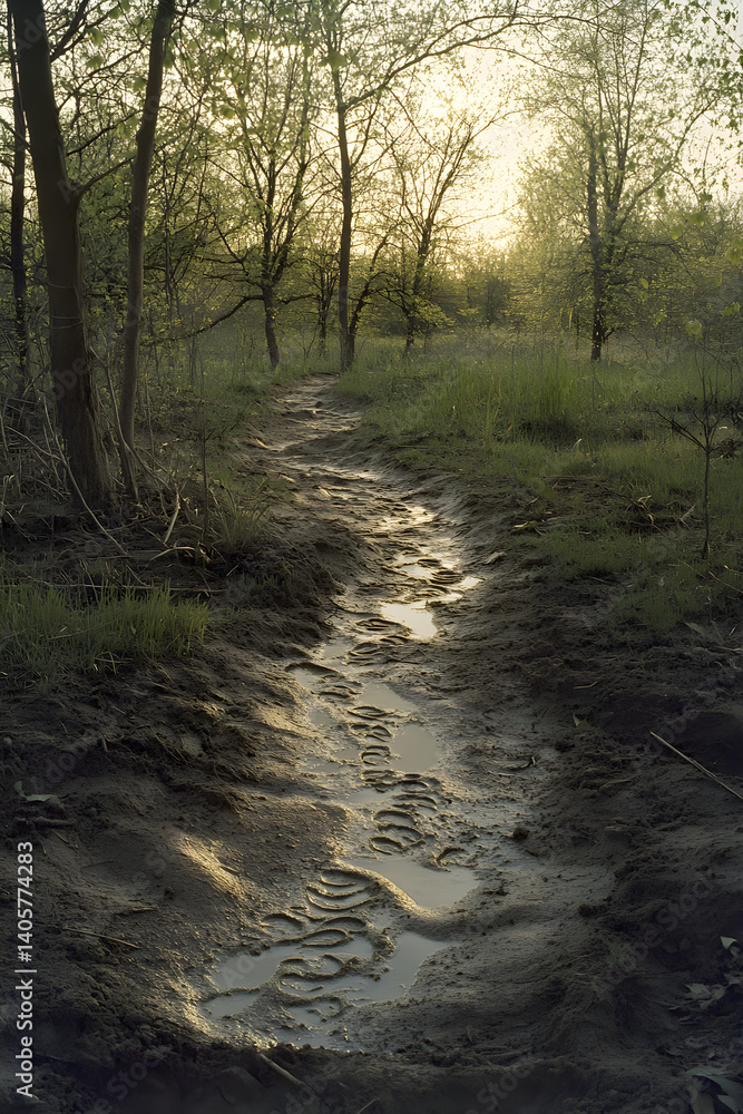 Obraz premium Tranquil Trail: Hoof Prints Weaving Through a Rustic Landscape Under Dappled Sunlight