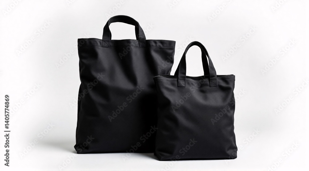 Photorealistic studio mockup of two plain black canvas tote bags. Soft dramatic lighting. Placed on a clean, minimalist background. Photorealistic studio mockup of two plain black canvas tote bags. Soft dramatic lighting. Placed on a clean, minimalist background.