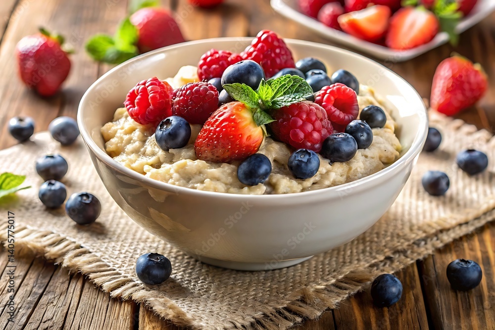 Delicious bowl of oatmeal with mixed berries and mint on a wooden table Delicious bowl of oatmeal with mixed berries and mint on a wooden table