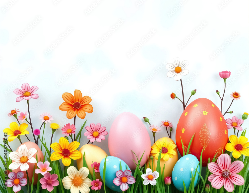 Festive Easter egg display with spring flowers set against bright backdrop seasonal delight Festive Easter egg display with spring flowers set against bright backdrop seasonal delight